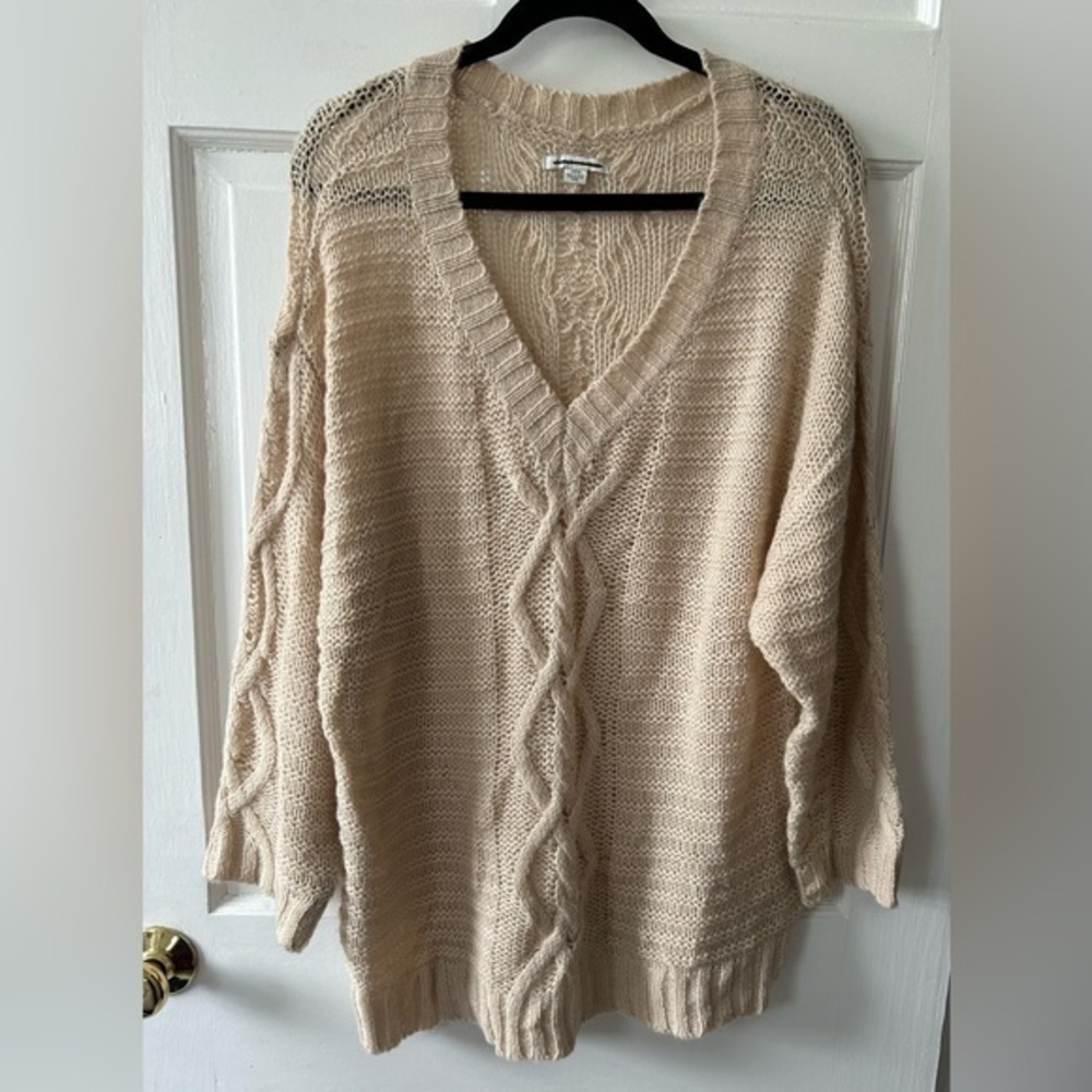 AE Oversized Women’s Sweater | Drop Shoulder Cable Knit Sz S Beige Oatmeal Wheat